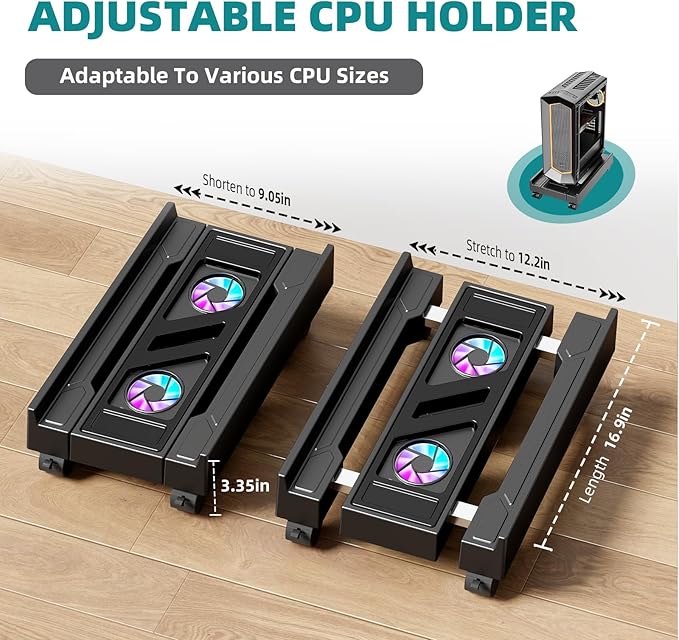 Adjustable CPU Holder with Cooling Fan and RGB Light,Mobile CPU Holder with 4 Rolling Casters, Under Desk Computer Tower Stand PC Floor Cart PC Riser for Office, Home (with Fan)