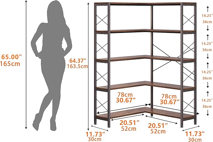 Wildhome 5-Shelf Corner Bookshelf, Vintage Industrial L-Shaped Bookshelf Etagere Bookcase, Large Book Shelf with Metal Frame Open Storage Corner Cabinet (Retro Brown-5 Shelf)