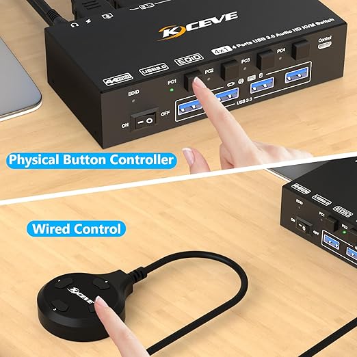 HDMI KVM Switch with Audio, 4 Ports KVM Switcher 8K@60Hz, with EDID Emulator for 4 Computers Share Mouse Keyboard and Monitor