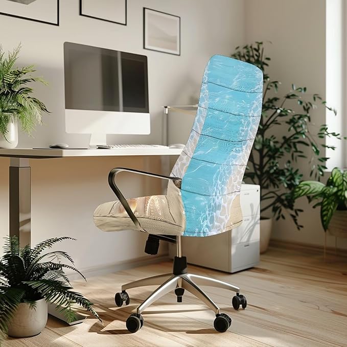 Talayituse Beach Starfish Seashell Wood Print Office Chair Covers, Stretch Computer Chair Cover, Universal Boss Chair Covers Modern Simplism Style High Back Chair Slipcover, Large