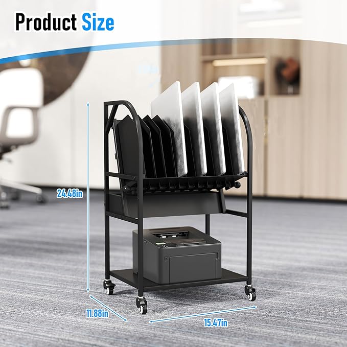 2 Tier Open Laptop Charging Cart with Wheels, 10 Device Mobile Charging Station for chromebook, iPads and Tablet, Laptop Charging Storage Rack for Office and Classroom