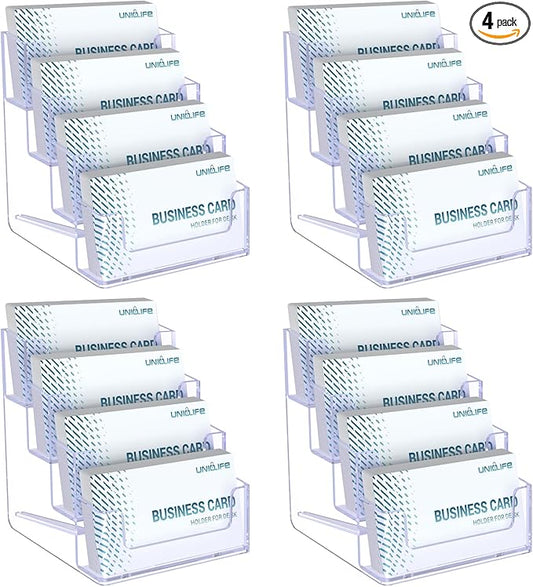 Uniclife 4 Pack Acrylic Business Card Holder for Desk 4 Slots Clear Business Card Display Stand for Men & Women Desktop Business Card Organizer Card Stand for Office Home Exhibition, 240 Card Capacity