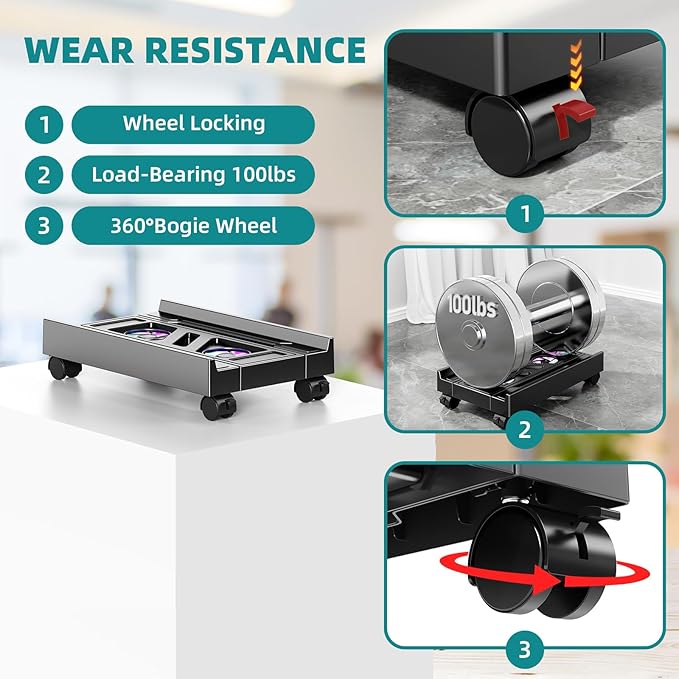 Adjustable CPU Holder with Cooling Fan and RGB Light,Mobile CPU Holder with 4 Rolling Casters, Under Desk Computer Tower Stand PC Floor Cart PC Riser for Office, Home (with Fan)