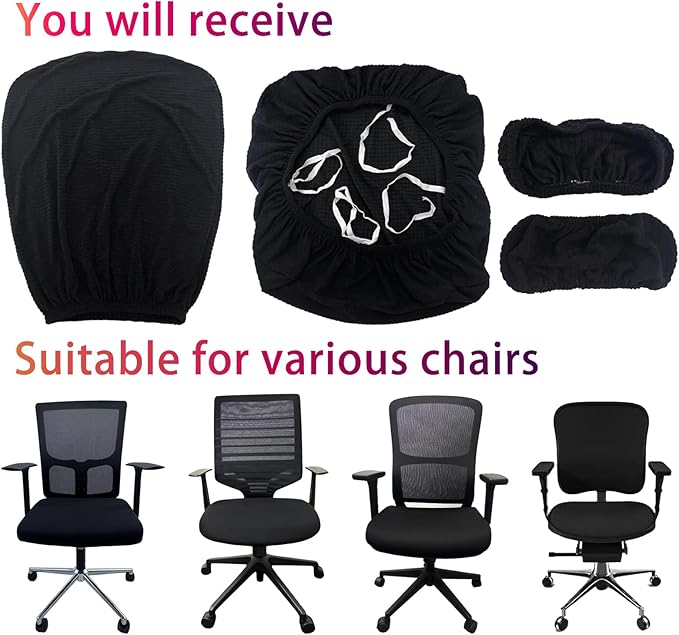 4Pcs Office Chair Covers Stretchable Set Desk Chair Cover Computer Chair Cover with 4 Non-Slip Elastic Straps Protective Armrest Slipcovers Pads Backrest Cushion for Rotating Chair (Black)