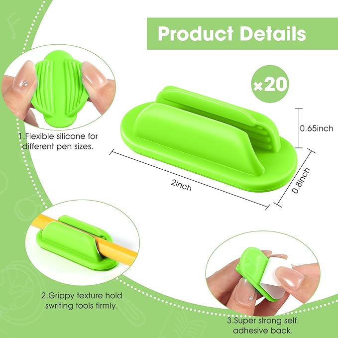 VZZNN 20 PCS Adhesive Pencil Holders for Desk, Silicone Pen Holder for Notebook Wall Clipboard, Durable Pencil Holder for Classroom School Office Home Teacher Student Supplies, Green