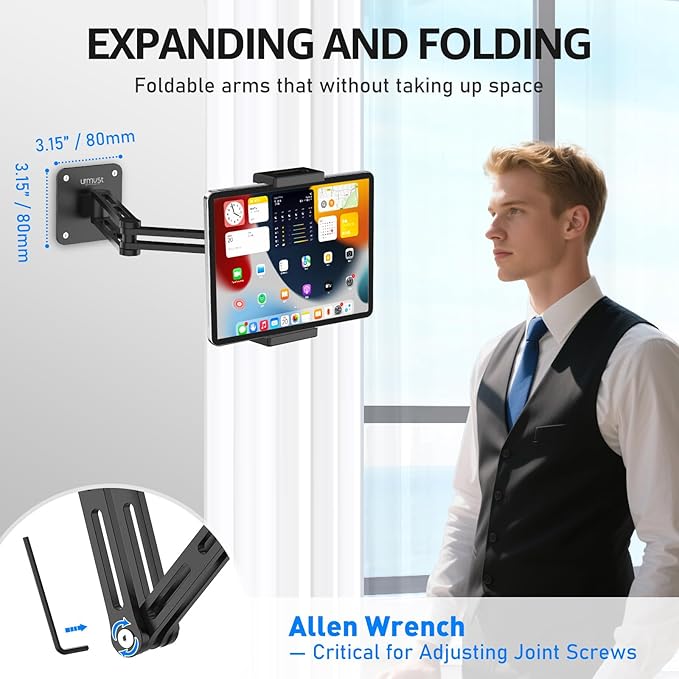 Urmust Adjustable Tablet Wall Mount, iPad Wall Mount Holder with 360° Swivel, Extendable Wall Mount for 4.7-13" Phones & Tablets, Long Arm Foldable Bracket for iPad Pro/Air/Mini,Galaxy Tab, Kindle