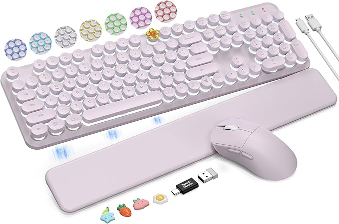 Wireless Keyboard and Mouse Backlit - Typewriter Keyboard with Magnetic Wrist Rest, Retro Round Keycaps, Light Up Letters, 2.4GHz Cordless Combo for Mac, Windows, PC, Laptop, Trueque（Dusty Lavender）