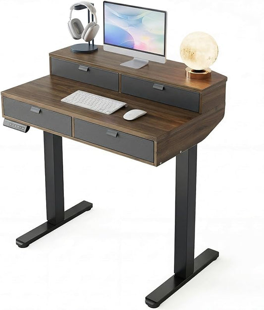 HUANUO 32 x 20 inch Electric Standing Desk with 4 Drawers, Adjustable Height Sit Stand Home Office Desk, C-Clamp Mount Compatible, Ergonomic Stand up Desk with 4 Preset Heights, Walnut