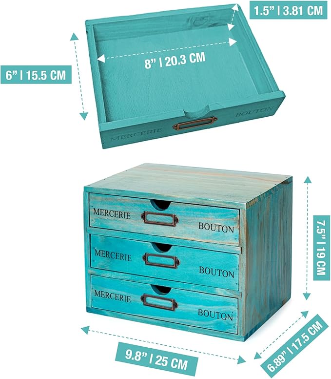 Turquoise 3-Tier Drawer Unit - European Country Style Desk Organizer Box - 9.7x7x7.5" Wooden Teal Stackable Drawers - Countertop Organizer Drawers w/Label Holder - Triple File Drawer Unit