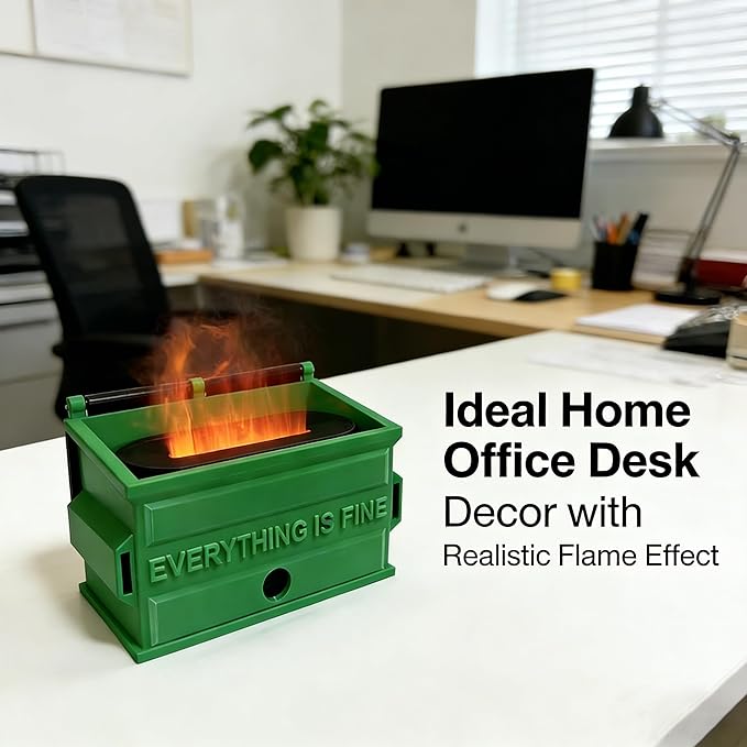 Dumpster Fire Desk Accessories Humidifier – Funny Flame Effect Mini Humidifier, Emotional Support Dumpster Fire Office Desk Accessory Gift for Stress Relief, Bedroom, Home, or Workspace