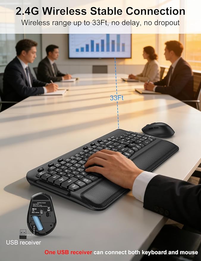 Ergonomic Wireless Keyboard and Mouse Combo, Wave Keys, Full Size Silent Keyboard with Soft Palm Rest, 3 Level DPI, 2.4G Cordless Computer Keyboard Mouse for PC, Laptop, Desktop, Windows & Mac OS