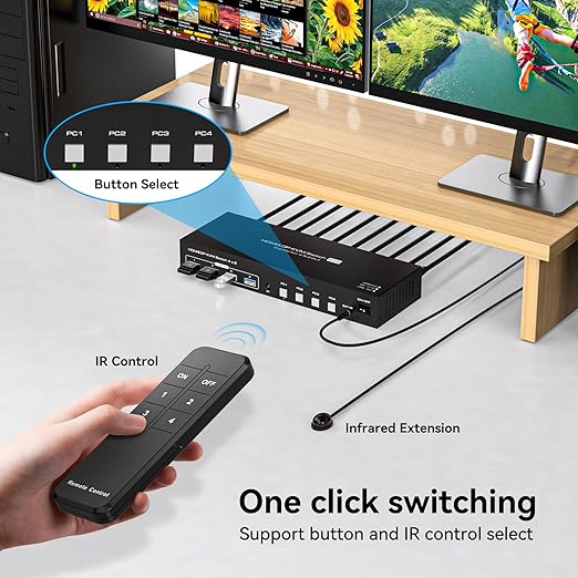 HDMI Displayport KVM Switch 4 Computers 2 Monitors 4K 60Hz 2K 120Hz 4 Port Dual Monitor KVM Switches for 4PC Share Four USB Device Support Copy and Extend Mode Includes Some Accessories