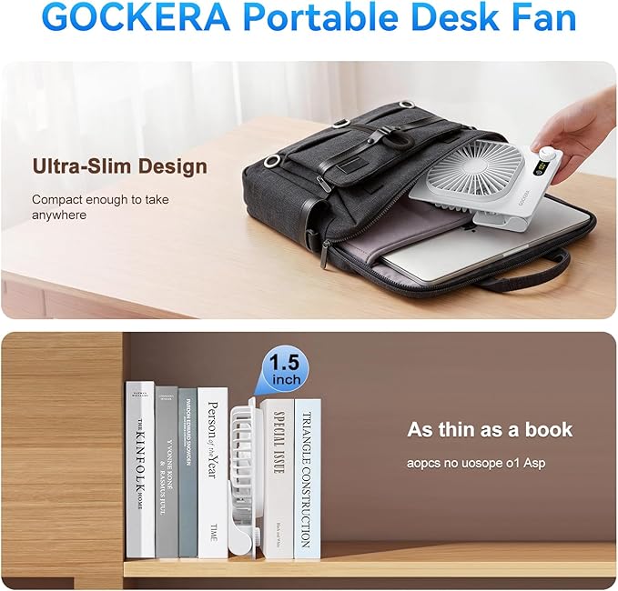 GOCKERA Desk Fan, 6.61''Ultra-thin Battery Powered Fan with Powerful Wind,100 Speeds Adjustable&Digital Display,Timer,Ultra-quiet Small Portable Fan for Bedroom,Office,Travel (White, 2000mAh)