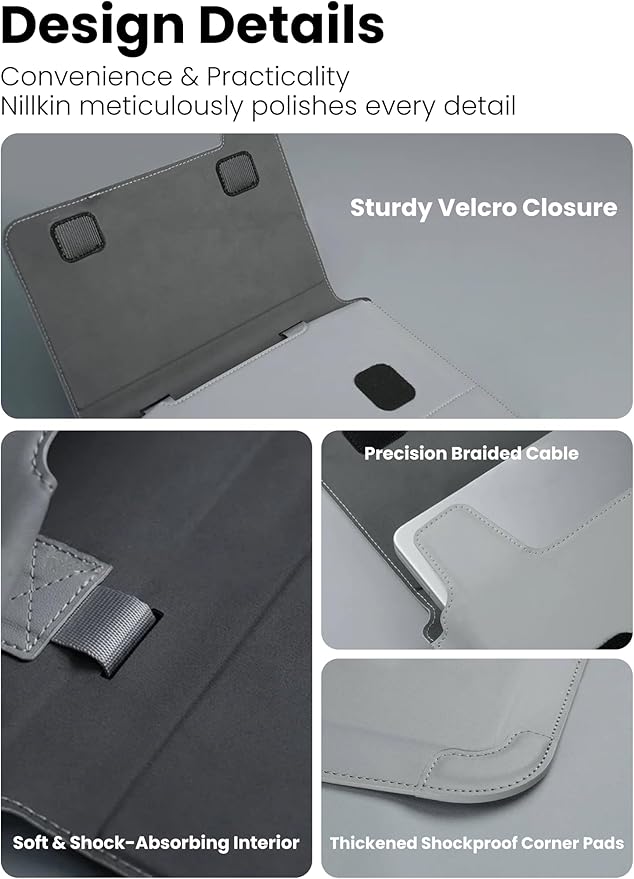 Nillkin Upgraded 13-16 Inch Laptop Sleeve Case for MacBook/Dell/HP/Lenovo/Asus, Unique Slim Travel Computer Bag with Adjustable Stand & Mouse Pad, Magnetic Handle, PU Leather, Gray