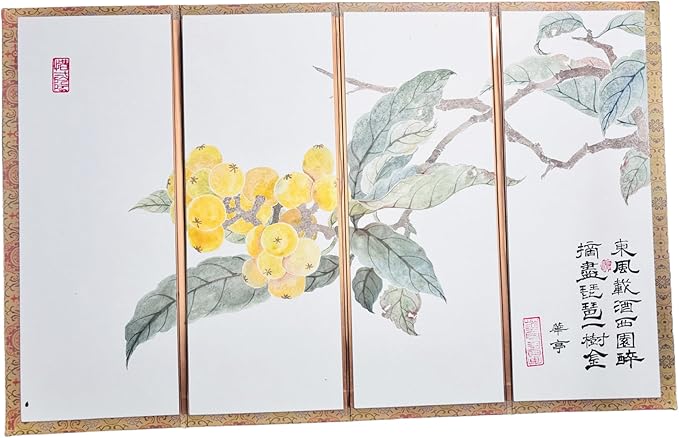 Hand-Painted Chinese Folding Screen - Traditional Oriental Partition with Bird & Loquat Pattern Mini Room Divider, Desktop Privacy Panel, (35x56cm) Symbolizing Happiness (Loquat)