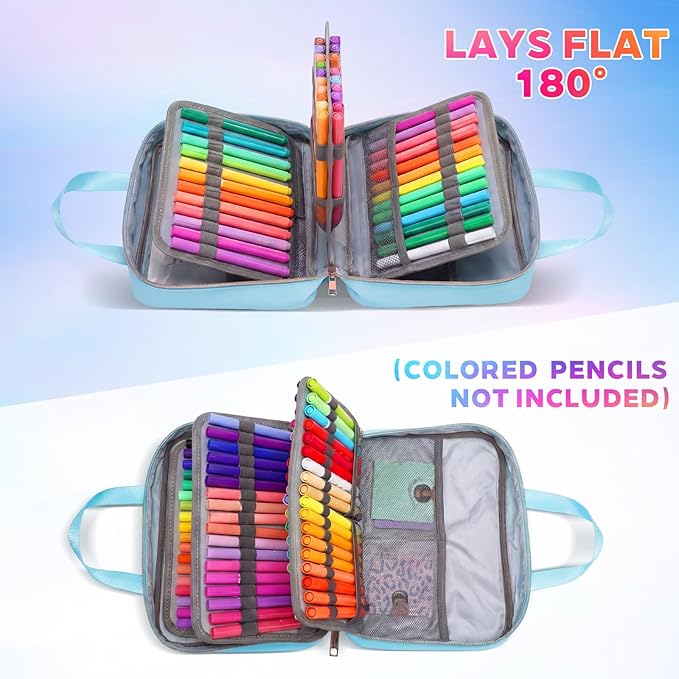 Hillban 108 Slots Large Colored Pencil Case with Chenille Letter Patch Extra Large Capacity Interlayer Pencil Holder Organizer with Handle Zipper Portable Storage Bag Graduation Gift for Artist(Blue)