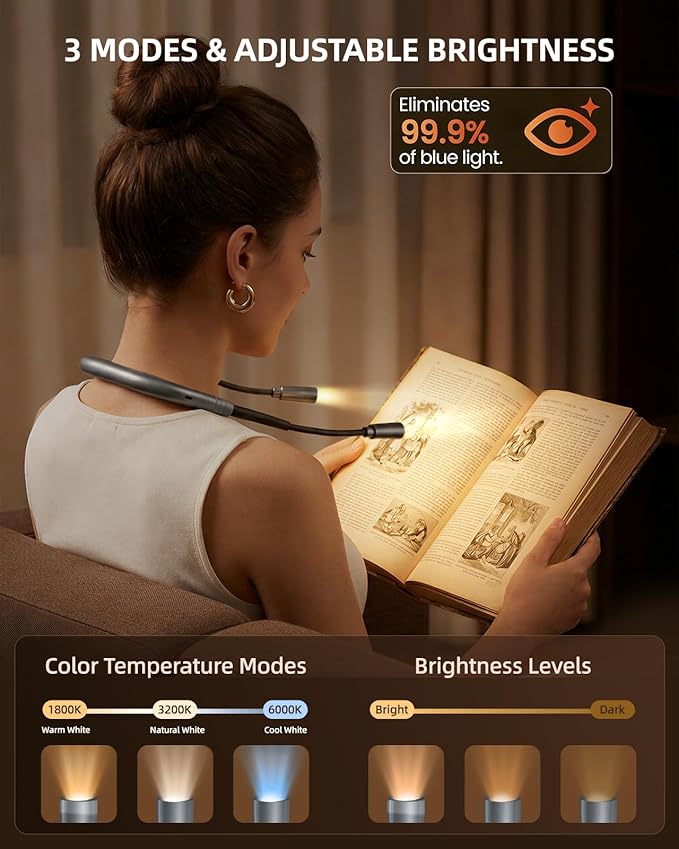 Book Light, 3-Color and Brightness Adjustable Reading Light, Rechargeable and Bendable Round Neck Design, 100hrs Runtime, Perfect Reading Lamp Gifts for Books Lovers, Knitting,Repairing,Working (Gray)