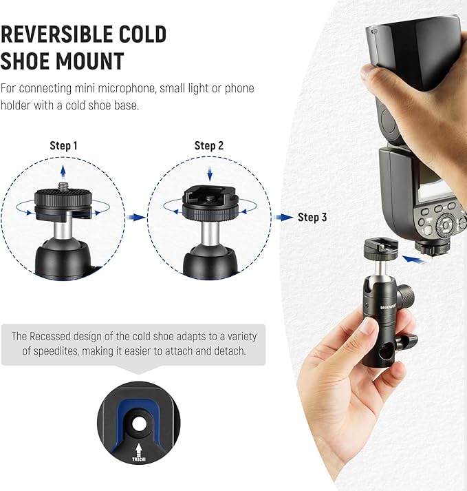 NEEWER Light Stand Mount Adapter with Cold Shoe and 1/4” Screw Mini Ball Head, Reversible Mounting Plate for Camera Monitor Ring Light, Fits Flat Head/Boom arm/C Stand, Max. Load 22lb/10kg