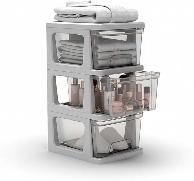 Plastic Drawer Wide Tower Plastic Storage Cart with Clear Pull Out Drawers, Silver (3 Drawer Wide Tower)