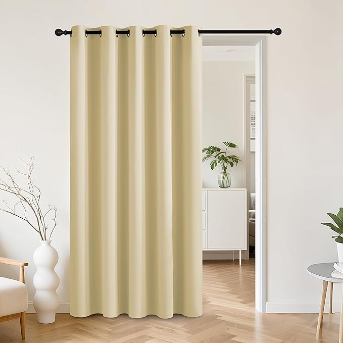 RYB HOME Beige 100% Blackout Curtains for Bedroom, Wide Thermal Insulated Privacy Curtains for Sliding Glass Doors/Patio Door/Living Room/Open Closet, Room Divider Panel, W70 x L84, 1 Panel
