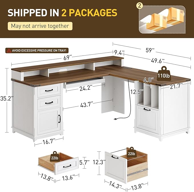 RALGEND Farmhouse 69" Executive L Shaped Desk with Drawer, Home Office Desk with Charging Station, Corner Computer Desk with Monitor Stand, File Drawer, Storage Cabinet, White and Walnut