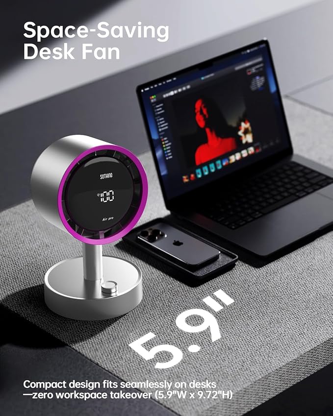 SOTHING Desk Fan with Built-in Filter, 120° Oscillating Air Circulator Fan with 100 Speeds, Digital Display, USB-C Rechargeable, Quiet Small Table Fan for Bedroom, Office, Dorm, Home – Silver
