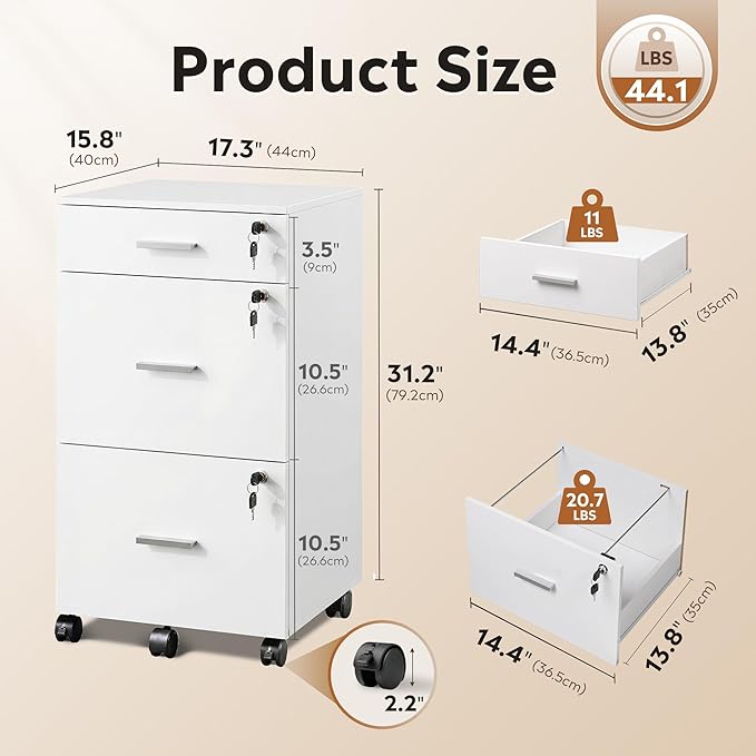 DEVAISE 3 Drawer File Cabinet with Lock & Wheels, Wood Printer Stand, Mobile Filing cabinets for Home Office, Fits Letter/A4 Size, White