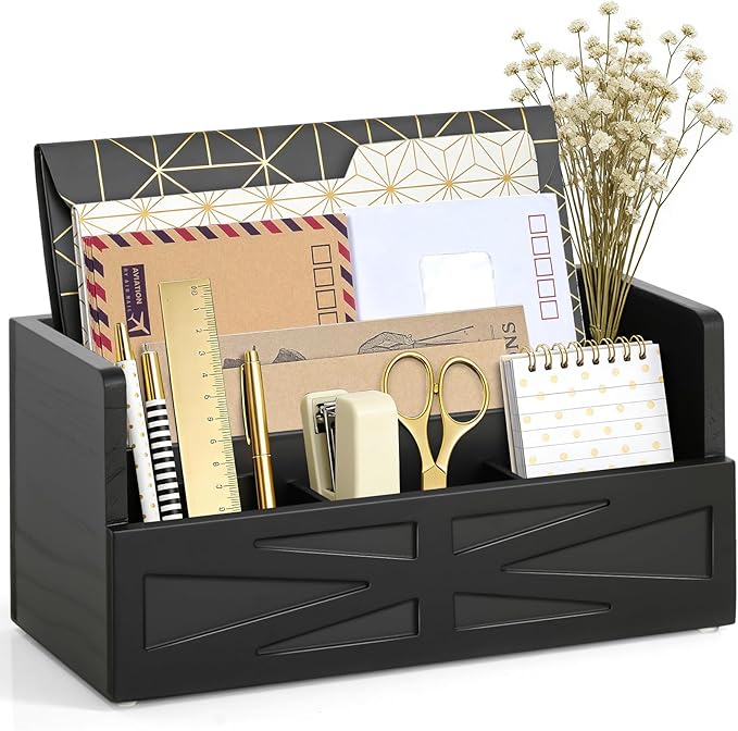 Mail Organizer Countertop, Wood Mail Holder Sorter for Desk, Rustic Bill Storage Organizer Box, Office Letter Basket for Document File Folder Paper Envelope