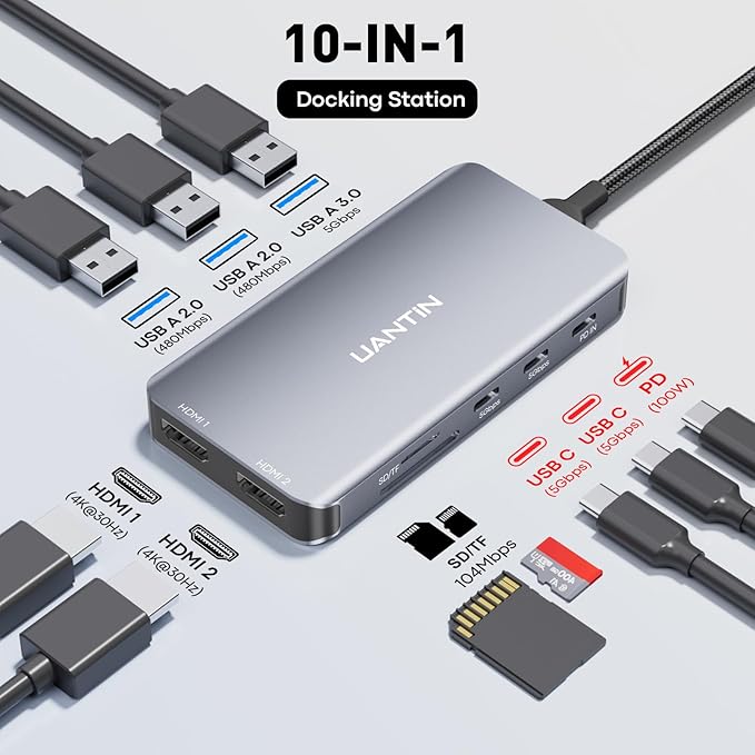 UANTIN USB C Docking Station Dual Monitor, 10-in-1 USB C to Dual HDMI Adapter with 2HDMI Ports, USBC & USBA 3.0, SD/Micro SD, 100W PD, Laptop Docking Station for Dell XPS/HP/Lenovo/Mac/Surface etc