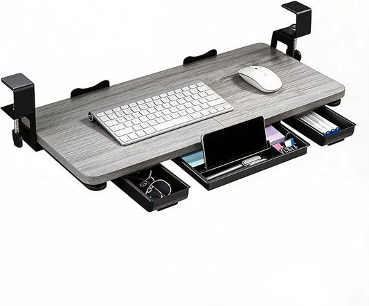 Keyboard Tray Under Desk with Drawer,26.77" X 11.81" Keyboard Tray Large Size with C Clamp-on Mount, Easy to Install, Save Space for Office Desk (Grey)