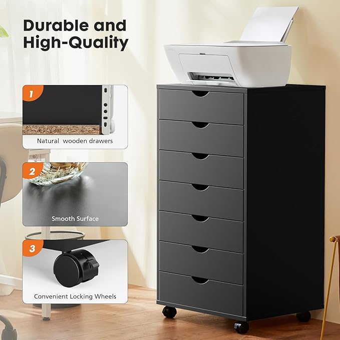 7 Drawer File Cabinet, Under Desk Storage Organization with Wheels, Mobile Filing Chest for Small Desk Printer Stand for Home Office, Black