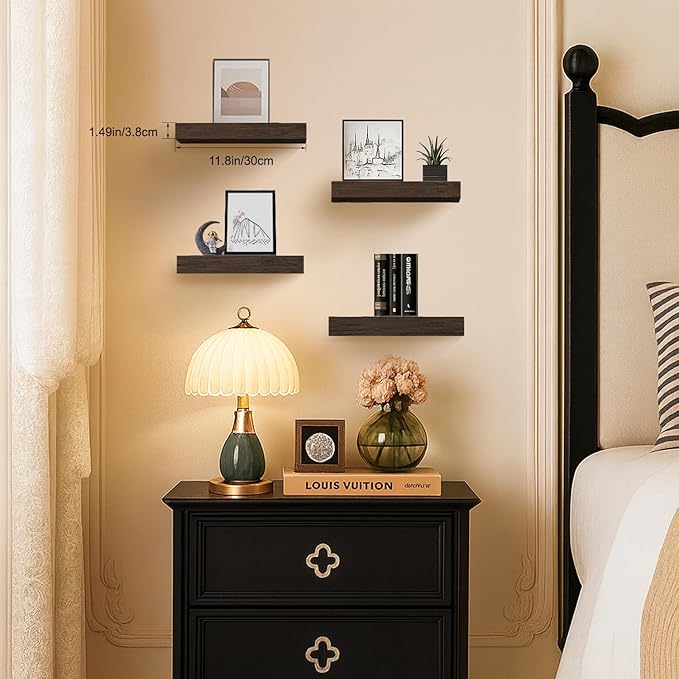 Floating Shelves for Wall, Bathroom Shelves Over Toilet, Wall Shelves & Book Shelf, Hanging Shelf, Modern Wooden Wall-Mounted Small Floating Shelves, 12x7x1.5 in (Smoke Gray, Set of 4)