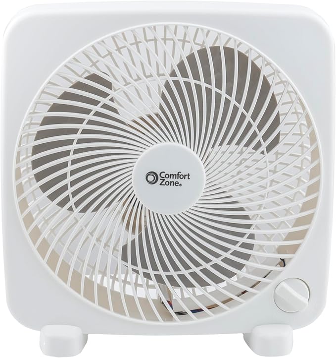 Comfort Zone Box Fan, 9 inch Portable Desk fan, Quiet 3 Speed Mini Fan for Bedroom, Electric Bedside Table Fan, White