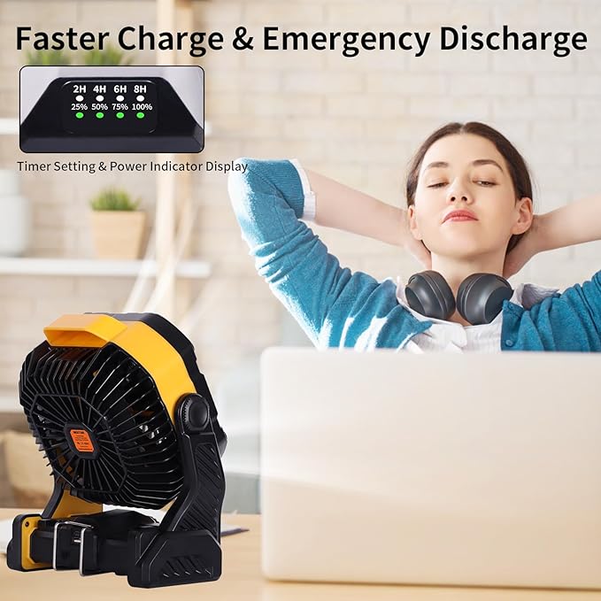 WESTTREE 20000mAh Camping Fan with LED Lantern USB Tpye C Rechargeable Battery Operated Outdoor Tent Fan with Light & Hook, 270° Pivot 4 Speeds, Personal USB Desk Fan for Camping Yellow X26A