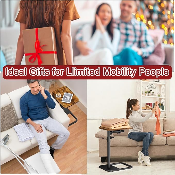 Tv Tray Table Adjustable Height Couch Side Table, Tilt Angle Adjustments-360° Swivel/180° Flip-Over Panel C-Shaped End Table With Tablet Slot, Computer Desk for Chair, Living Room (Rustic Brown)