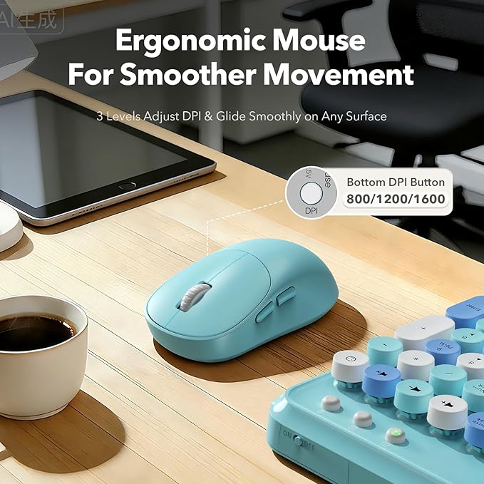 Wireless Keyboard and Mouse Combo, Retro Round Keycaps, Full-Size Cute Typewriter Keyboard with Large Phone/Tablet Holder, Auto-Sleep, 2.4GHz Cordless Connection for Windows/PC/Laptop (Sky Blue)