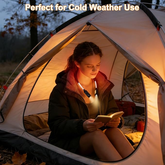 Book Light, 3-Color & 9-Brightness Reading Light, Bendable Neck Light, 60-hr Lasting Rechargeable Lamp, Perfect Book Light for Reading in Bed, Knitting, Camping (Heating, 1)