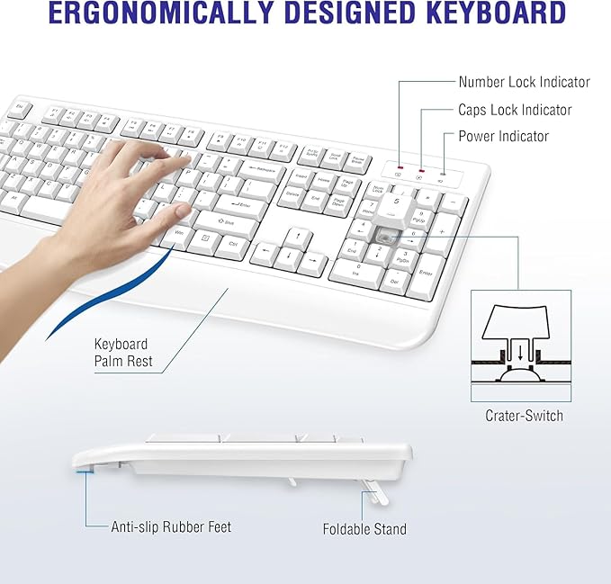 QUASIO Wireless Keyboard, 2.4G Full-Sized Ergonomic Wireless Computer Keyboard with Wrist Rest for Windows, Mac OS Laptop/PC/Desktop/Notebook(Off White)
