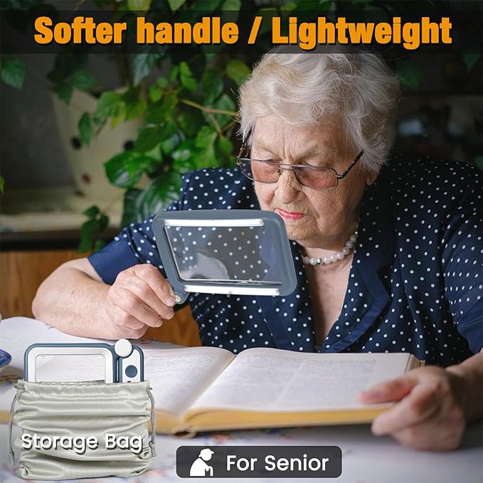 Rechargeable Magnifying Glass with Light for Reading, 5X Large Page Magnifier with LED Lighted for Seniors Low Vision, Folding Handheld Rectangle Magnifier for Reading Small Print, Blue-White