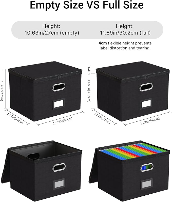 Oterri 1 Pack Large File Organizer Boxes with Lids, File Box with Mesh Pockets, Document Organizer Box for Legal/Letter Size Folders, Zippers Important Document Organizer (Black, Without Folders)