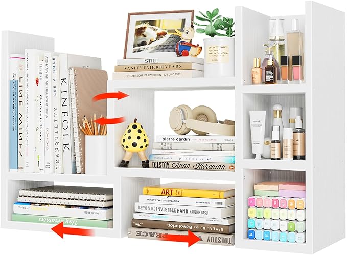 NUTIKAS Desk Shelves Desktop Organizer Shlef - White Office Organization for Top of Desk Organizers and Accessories Corner Bookshelf Table Top Shelving Small Hutch Decorations for Women Office