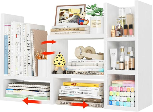 NUTIKAS Desk Shelves Desktop Organizer Shlef - White Office Organization for Top of Desk Organizers and Accessories Corner Bookshelf Table Top Shelving Small Hutch Decorations for Women Office