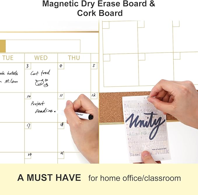 ARCOBIS Dry Erase Calendar Whiteboard Cork Board Combo, 24"x18" Magnetic White Board Calendar Dry Erase for Wall, Gold Frame Monthly Combination Board for Office, Home, School
