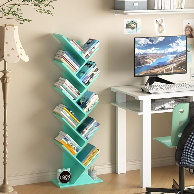 SHEEPAM 10 Tier Tree Book Shelf, Floor Standing Wood Bookshelf for Narrow Space, Storage Organizer Bookshelves for Books/CDs/Magazine, Bookcase with Shelves for Home Office, Living Room - Green