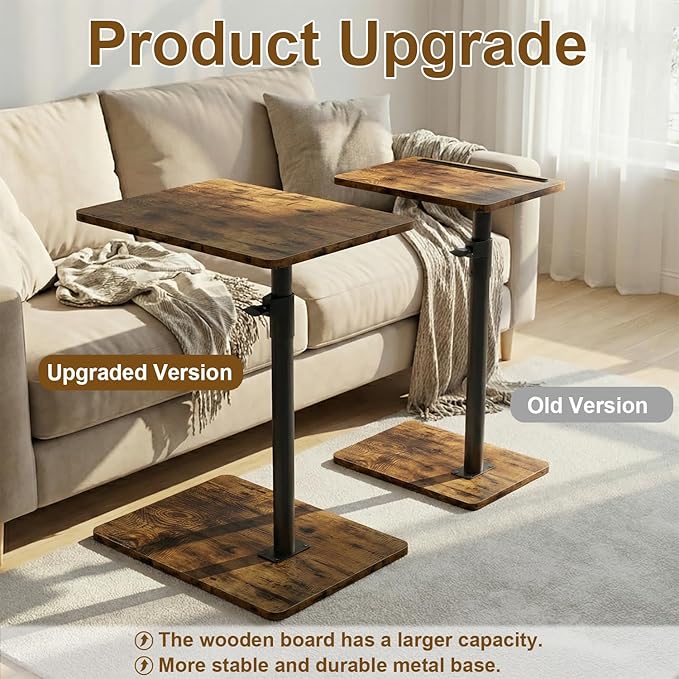 YUHFERA Sofa Armrest Tray Table for Couch - 360 Swivel Height Adjustable End Table for Small Spaces, Snack Side Table for Bed or Chair with Phone & Tablet Slot (Rustic, Enlarged)