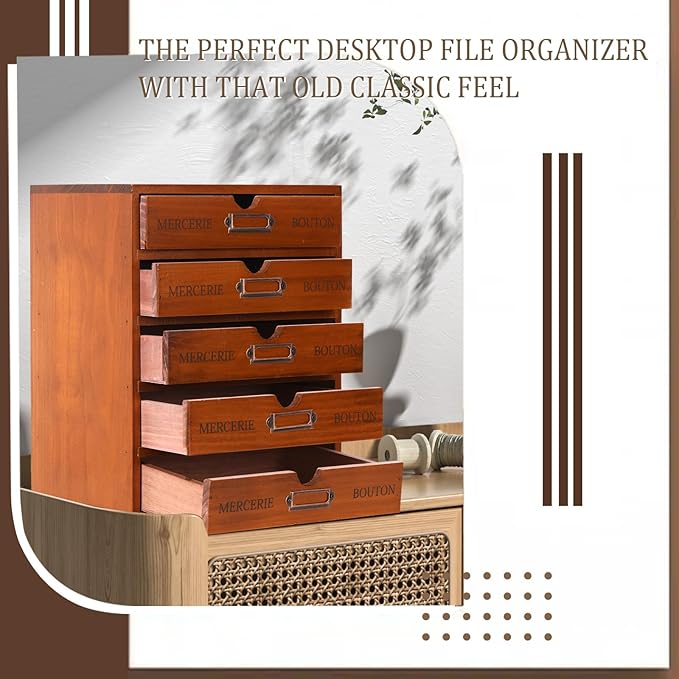 Wesiti 5 Drawer Vintage Wooden Desk Organizer, Apothecary Cabinet Storage Drawers, Rustic Shelf Drawer, Home Office Organizers and Accessories, Embroidery Floss, Craft, Art, Jewelry Storage, Stackable