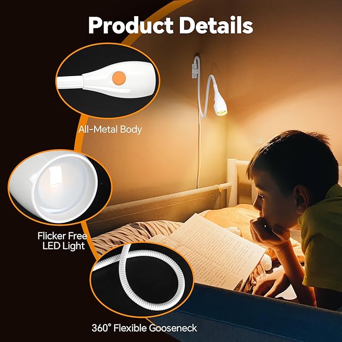 Wall Mounted Reading Light, Minimalist Headboard Mount Book Light, Dimmable LED with Lamp Head Switch Reading Lamp, USB-C Powered, CRI 95+ (4000K + Amber Nightlight) -White