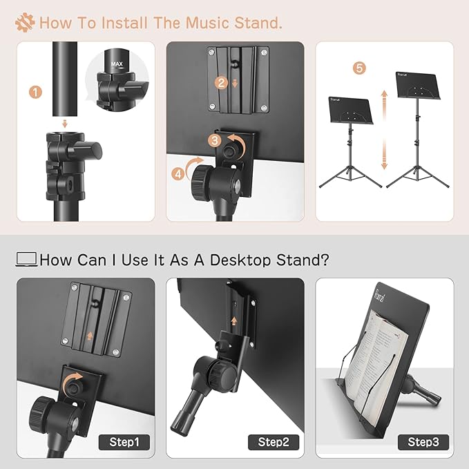 Ramzi Music Stand For Sheet Music 5 In-1 Dual-Use Desktop Book Stand , Music Stand Light, Carrying Bag, Sheet Music Clip