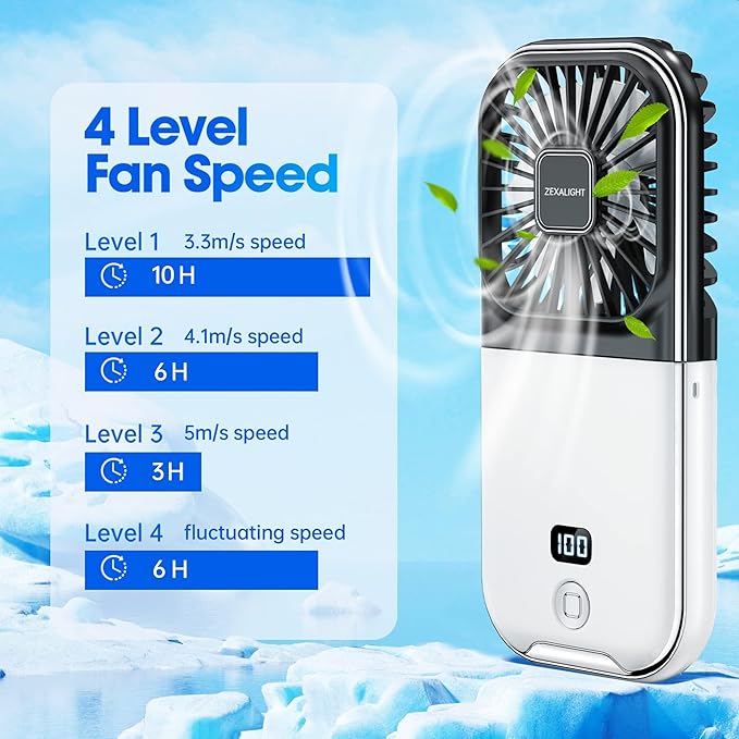 USB Rechargeable Upgraded 5-in-1 Portable Handheld Fan, Necklace Fan, Desk Fan, Foldable Phone Stand, 4 Speeds Airflow, Quiet Personal Fans with LED Digital Screen (Black)