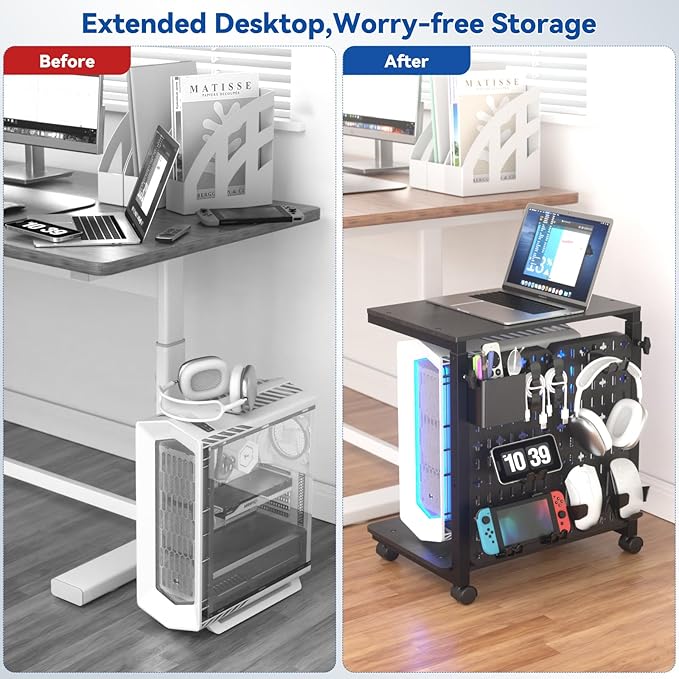 Computer Tower Stand with Pegboard Organizer, Height Adjustable 2-Tier PC Tower Shelf for Floor with Accessories, CPU Holder Cart with Locking Wheels for Most PC Gaming Home Office, 24.2-29.5"